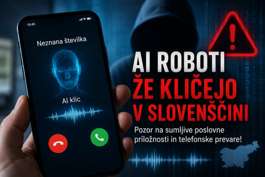 AI telefonski klic v slovenščini z opozorilom pred telefonskimi prevarami, kriptovalutnimi scam klici in AI robotskimi klicatelji v Sloveniji.